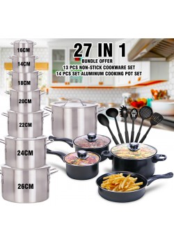27 in 1 Bundle Offer, Royal Mark 13 pcs Non-Stick Cookware Set, 14 Pcs Set Aluminum Cooking Pot Set, AC976